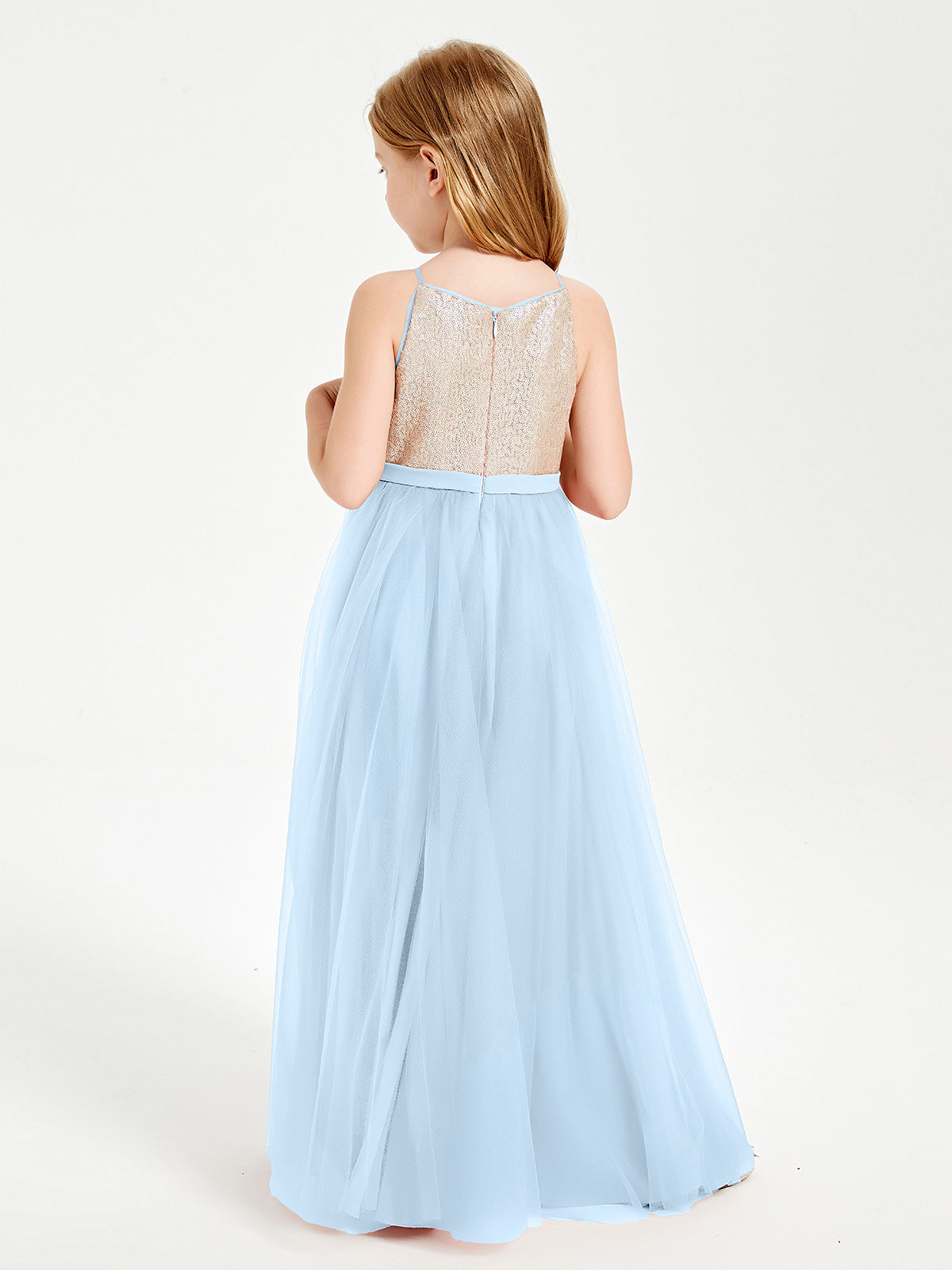 Sequined Top Long Tulle Junior Bridesmaid Gown Sky Blue